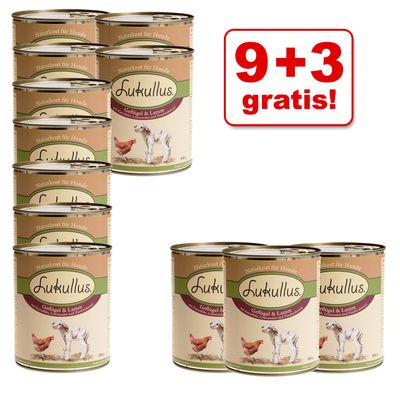 9 + 3 gratis! 12 x 800 g Lukullus Hundefutter - Gefluegel & Lamm