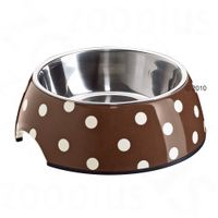 Melamine voerbak bruin met witte stippen, edelstaal inlet 350 ml, 14 cm