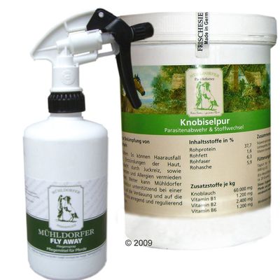Anti-Fliegen Aktionsset Knobiselpur & Fly Away & Leckerlis - 750 g Knobiselpur & 1l Fly Away