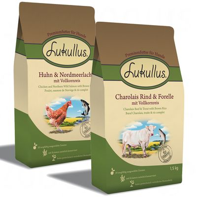 Lukullus kaltgepresstes Hundefutter gemischter Doppelpack - je 1,5 kg Charolais-Rind & Forelle sowie Huhn & Nordmeerlachs