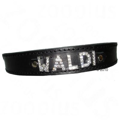 Heim Lederhalsband schwarz mit Strassbuchstaben, 20 - 25mm - Gr. 30 17 - 24 cm Halsumfang