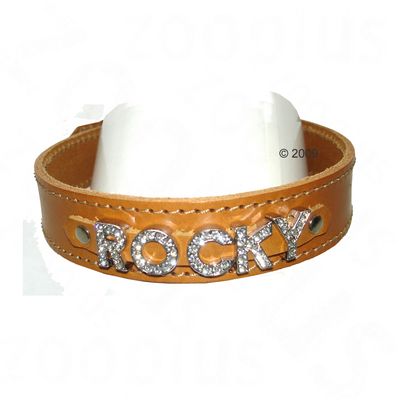 Heim Lederhalsband cognac mit Strassbuchstaben, 20 - 25 mm - Gr. 40 30 - 37 cm Halsumfang