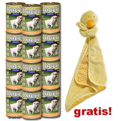 12 x 400 g Rocco Junior + Schmusedecke gratis! - Pute und Kalbsherzen + Kalzium