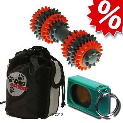 Apportier-Set Clicker + Zahnknochen + Dog on Tour Baggy – 3-teilig