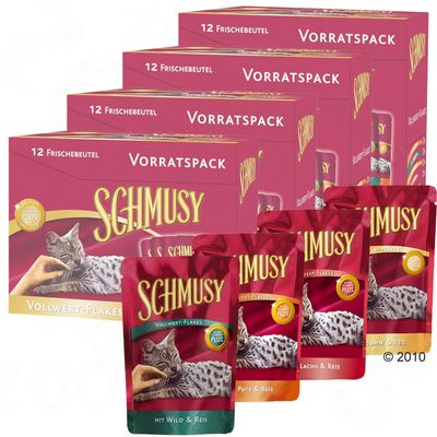 Megapack Schmusy Vollwert Flakes 48 x 100 g - mit Wild, Pute, Huhn & Lachs