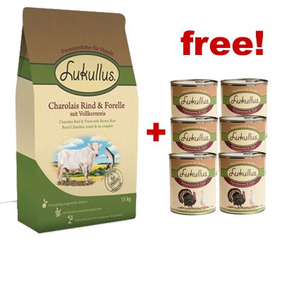 15 kg Lukullus Dry Dog Food + 6 x 200 g Moist Food Free! - Charolais Beef & Trou