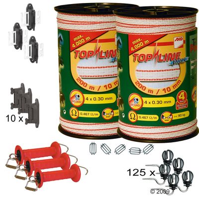 Weidezaunband & Isolatoren-Set fuer Holzpfosten - 10mm Set
