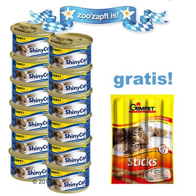 12 x 85 g Gimpet Shiny Cat + Gimpet Sticks gratis! - Huehnchen & Krebs