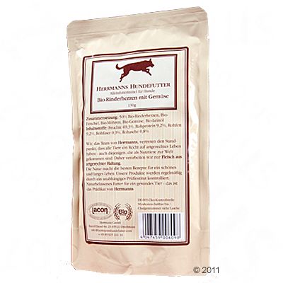 Hermanns Bio-Hundefutter Pouch 6 x 130 g - Ente mit Gemuese, Banane & Nachtkerzenoel (gluten- u. getreidefrei)