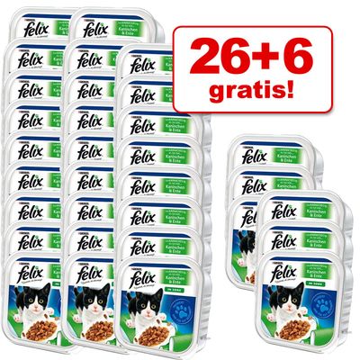 26 + 6 gratis! 32 x 100 g  Megapack Felix Schale - Leckerbissen in Sosse (Huhn & Truthahn)