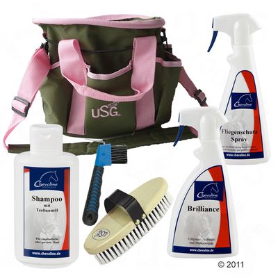 Chevaline Pflege Basis Kombi - Set mit 6 Teilen Putztasche khaki/rosa