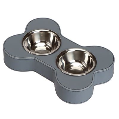 Dual Dog Bowl Holder Faux Leather grey - 2 x 220 ml Ø 12 cm Dual Dog Bowl Holder Faux Leather grey - 2 x 220 ml Ø 12 cm