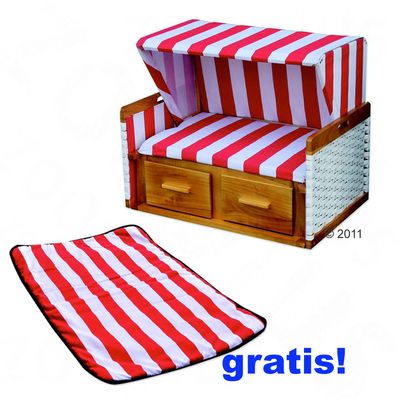 Strandkorb Westerland + gratis Decke – rot-weiss