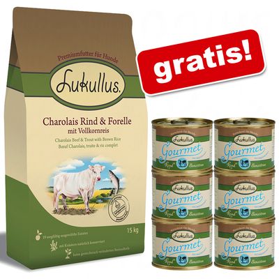 Lukullus Charolais-Rind 15 kg + 6 x 200 g Nassfutter gratis - 15 kg Charolais-Rind & Forelle und 6 x 200 g Lukullus Gourmet Rind Sensitiv gratis