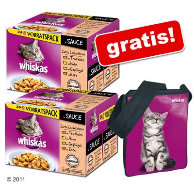 48 x 100 g Whiskas Frischebeutel + Messenger Bag gratis! - Fischer - Auswahl in Gelee