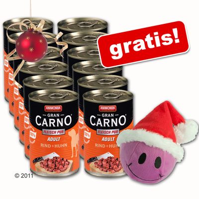 12 x 400 g Animonda GranCarno + Spielzeug Xmas Smily gratis! - Adult Fleisch Plus Raeucheraal & Kartoffel