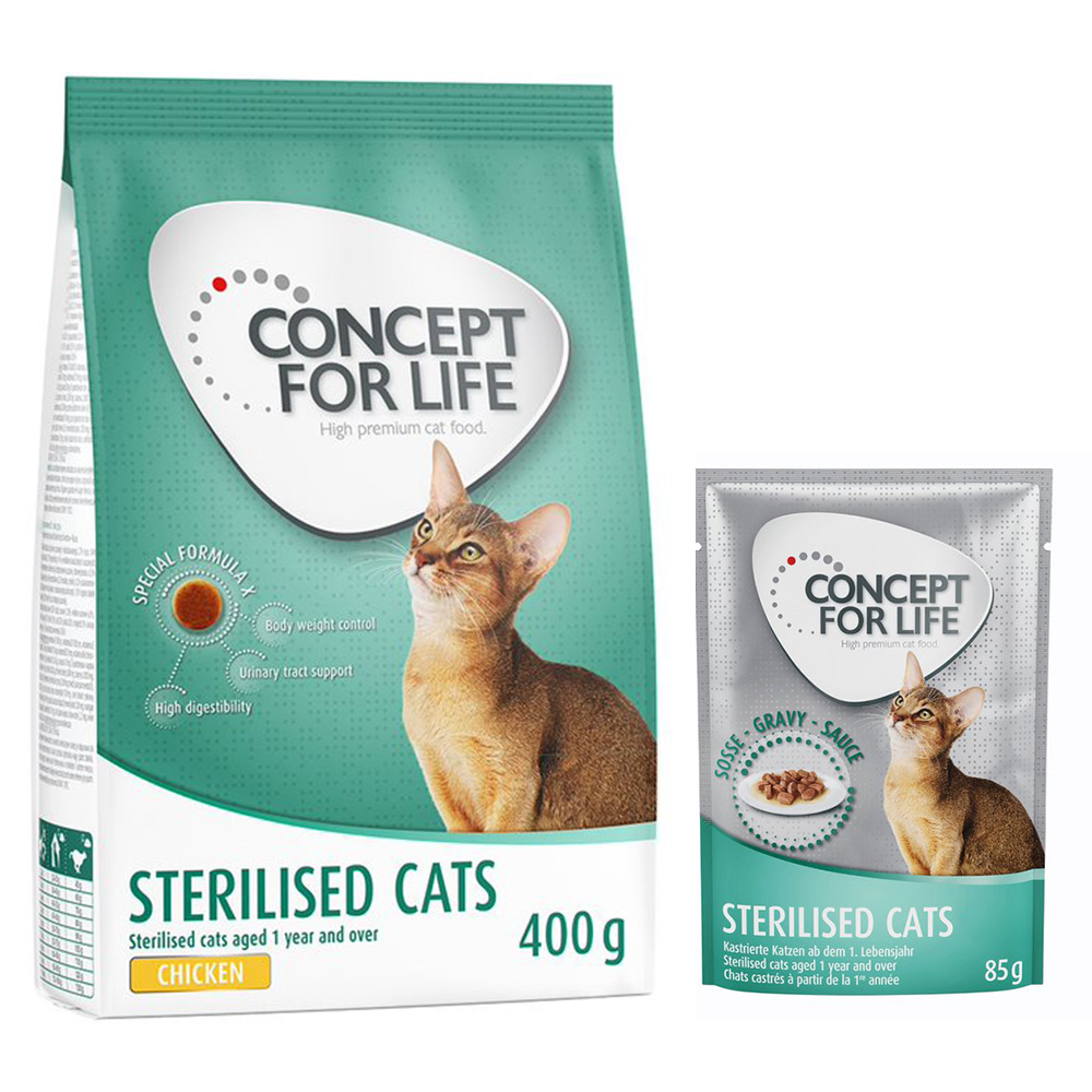 Concept for Life Kombi-Paket: 400 g Trockennahrung + 12 x 85 g Nassnahrung in Soße - Sterilised Cats Mixpaket