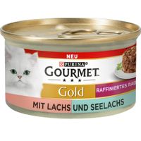 Scatoletta Purina Gourmet Gold per gatti, testo visibile: NEU, RAFFINIERTES RAGOUT, MIT LACHS UND SEELACHS. Immagine di gatto bianco e porzione di alimento.