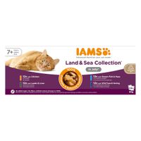 IAMS Land & Sea Collection in Jelly, 48x85g. Sorten: Huhn, Lamm & Leber, Meeresfisch & Erbsen, Thunfisch & Hering. Für Katzen ab 7 Jahren. Ohne Zucker, künstliche Farbstoffe oder GMOs.