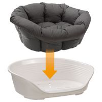 Cuscino rimovibile e imbottito in grigio scuro per cuccia in plastica per cani. Freccia che indica la posizione del cuscino nel letto.