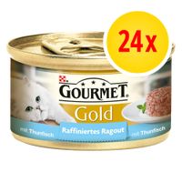 Scatoletta Gourmet Gold Raffiniertes Ragout mit Thunfisch, confezione da 24x. Immagine di un gatto bianco e porzione di ragout su piatto visibili sull'etichetta.