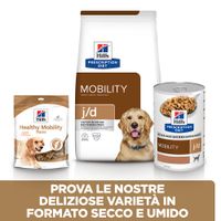 Hill's Prescription Diet Mobility j/d per cani, confezioni di crocchette, bocconcini e cibo umido. Testo: Prova le nostre deliziose varietà in formato secco e umido.