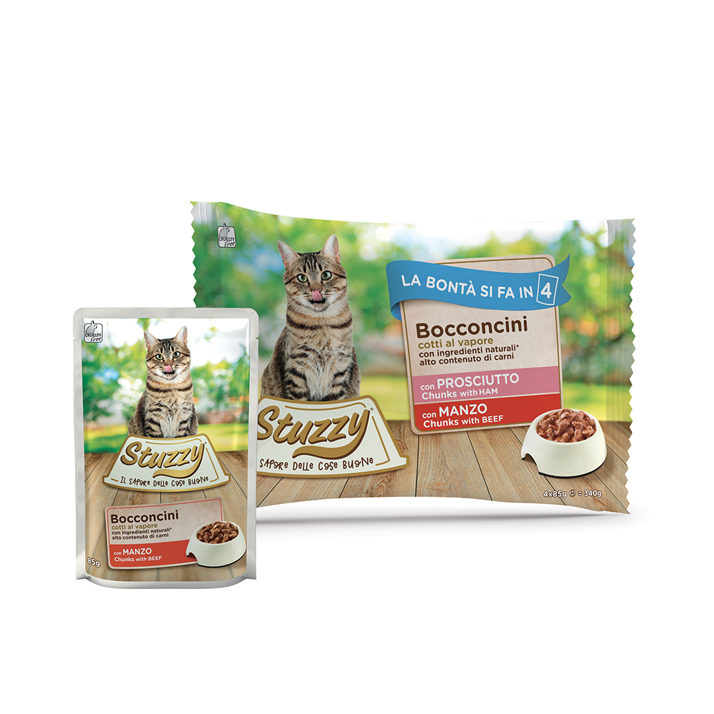 Mixpack Stuzzy Cat Pouch 4 x 85 g - šunka a hovězí