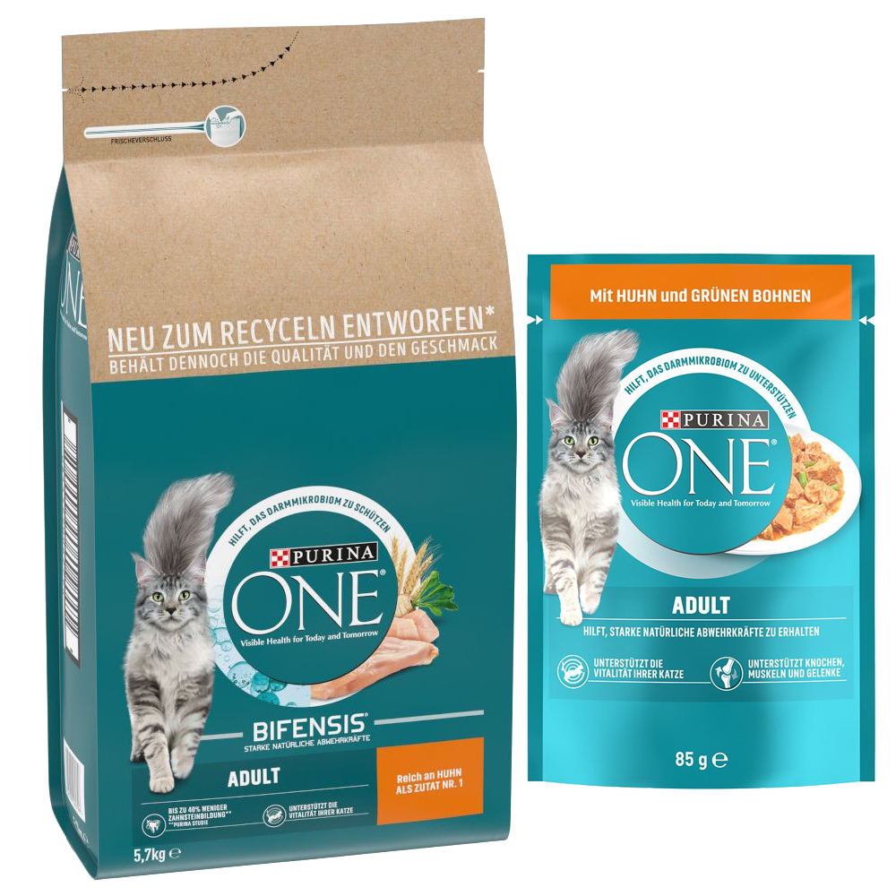 

Purina ONE Bifensis 5,7 kg ração para gatos + comida húmida grátis! - Adult frango e cereais integrais