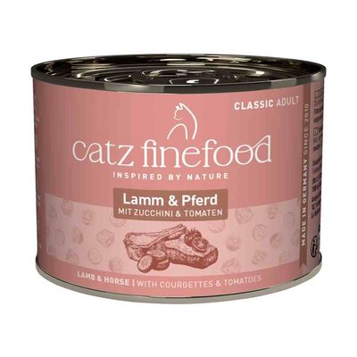 catz finefood Classic Adult jagnięcina i koń z cukinią i pomidorami, wyprodukowane w Niemczech od 2010 roku, puszka widoczna