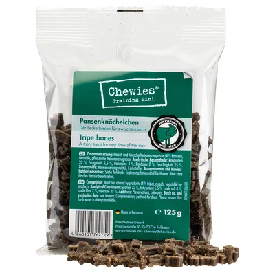 Chewies Training Mini Pansenknochen, Leckerbissen mit Pansen, Made in Germany, 125g. Zusammensetzung: Fleisch, tierische Nebenerzeugnisse, Getreide. Analytische Bestandteile: Protein 32%, Fett 5,5%.