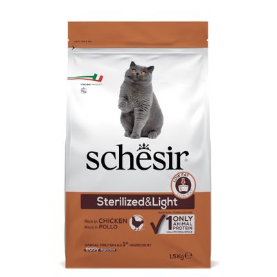 Schesir Sterilized & Light cat food, rich in chicken, 1.5kg. Animal protein as first ingredient, easily digestible, low fat. Italian product with single animal protein source.