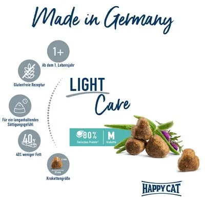 Happy Cat Light Care, Made in Germany, vanaf 1 jaar, glutenvrij, 40% minder vet, 80% dierlijk eiwit, M krokette, afbeelding van brokjes en kruiden. Tekst deels in het Duits.