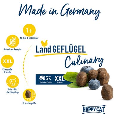 Happy Cat Land-Geflügel Culinary, Made in Germany, glutenfreie Rezeptur, ab dem 1. Lebensjahr, XXL-Kroketten, unterstützt Zahnpflege, Krokettengrösse 9-13mm, 85% tierisches Protein.