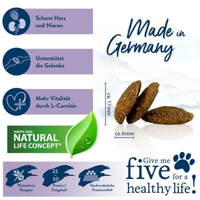 Happy Dog Natural Life Concept. Made in Germany. Schont Herz und Nieren, unterstützt die Gelenke, mehr Vitalität durch L-Carnitin. Weizenfreie Rezeptur, Protein-/Fettgehalt 21/10, hochverdauliche Proteinvielfalt.