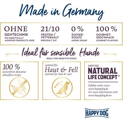 Made in Germany. Ohne Gentechnik, 21/10 Protein/Fettgehalt, 0% Zuckerzusatz, 100% Gourmet-Geschmack. Ideal für sensible Hunde. Weizenfrei, optimal für Haut & Fell. Happy Dog Natural Life Concept.