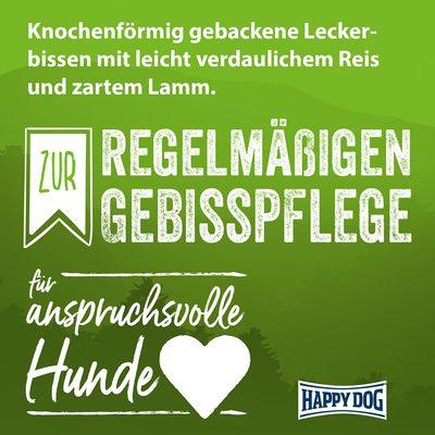 Happy Dog NaturCroq Lamm & Reis Knochen. Ohne Zucker, ohne künstliche Konservierungsstoffe. Mit Dental-Care-Formel und natürlichen Zutaten. Hergestellt in Deutschland.