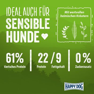 Ideal auch für sensible Hunde. Mit wertvollen heimischen Kräutern. 61% tierisches Protein, 22/9 Protein/Fettgehalt, 0% Zuckerzusatz. Happy Dog.