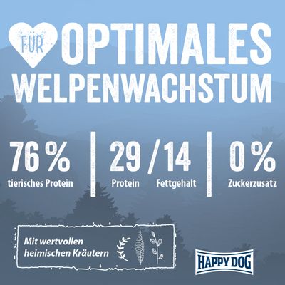 Für optimales Welpenwachstum: 76% tierisches Protein, 29/14 Protein/Fettgehalt, 0% Zuckerzusatz. Mit wertvollen heimischen Kräutern. Happy Dog.