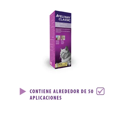 Feliway Classic spray 60 ml para gatos. Texto visible: 'Contiene alrededor de 50 aplicaciones'. Imagen del envase con gato y detalles sobre comportamientos marcados y arañazos.