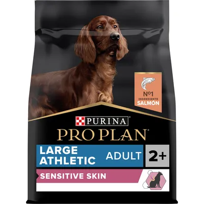 Saco de pienso Purina Pro Plan Large Athletic Adult Sensitive Skin 2+, ingrediente principal salmón, para perros grandes. Texto visible: No1 ingrediente salmón.