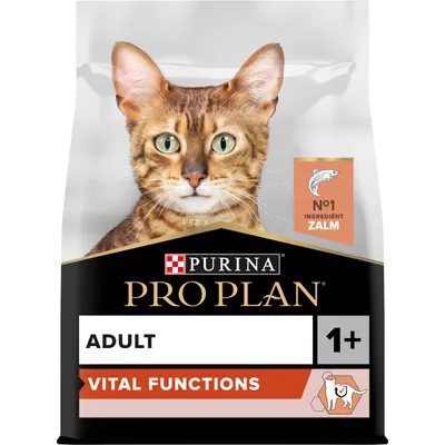 Purina Pro Plan Adult 1+ kattenvoer, vital functions, met zalm als nr. 1 ingrediënt. Verpakking toont afbeelding van een kat en tekst: VITAL FUNCTIONS. Purina Pro Plan Adult 1+ kattenvoer, vital functions, met zalm als nr. 1 ingrediënt. Verpakking toont afbeelding van een kat en tekst: VITAL FUNCTIONS.
