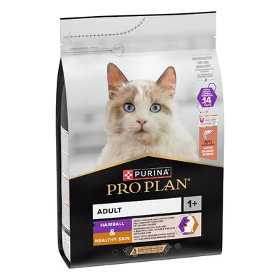 PURINA PRO PLAN Adult 1+ Hairball & Healthy Skin, main ingredient salmon, helps reduce hairball formation within 14 days, suitable for cats with healthy coats.