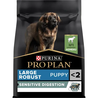 Sac Purina Pro Plan Large Robust Puppy <2 Sensitive Digestion, N°1 ingrédient agneau, pour chiot grande taille, texte et image de chien visibles sur l’emballage.