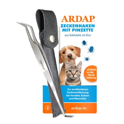 ARDAP Zeckenhaken mit Pinzette aus Edelstahl im Etui. Zur problemlosen Zeckenentfernung bei Hunden, Katzen und Menschen. Einfach in der Handhabung.
