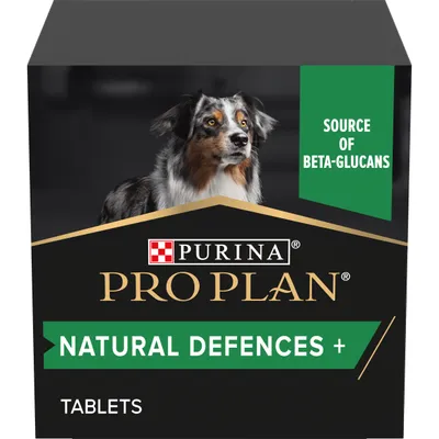 Purina Pro Plan Natural Defences+ tablets box, source of beta-glucans, with image of a dog on the front. Visible text: 'TABLETS', 'NATURAL DEFENCES+', 'SOURCE OF BETA-GLUCANS'.