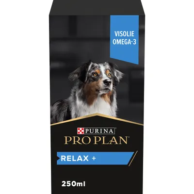 Purina Pro Plan Relax+ visolie omega-3 voor honden, 250ml. Productverpakking toont merknaam, productnaam en inhoudsmaat.