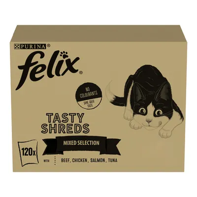 Felix Tasty Shreds mixed selection, 120 packs with beef, chicken, salmon and tuna. No colourants, same great taste. Felix Tasty Shreds mixed selection, 120 packs with beef, chicken, salmon and tuna. No colourants, same great taste.