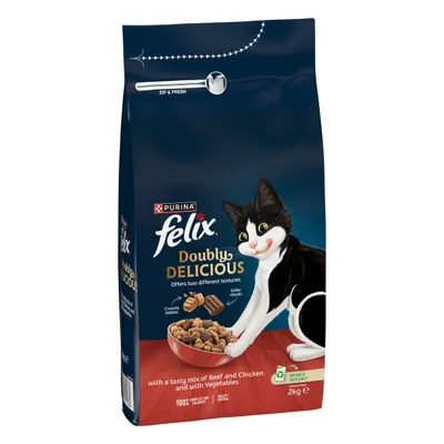 Purina Felix Doubly Delicious Dry Food, mix of beef and chicken with vegetables, 2 kg, offers two textures: crunchy kibbles and soft pieces.
