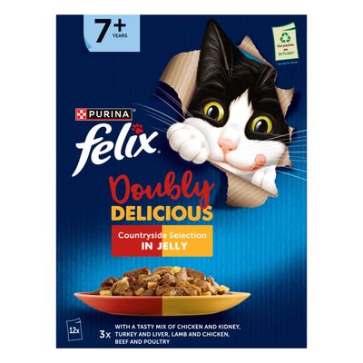 Doubly Delicious Countryside Selection in Jelly for pets aged 7+ years, includes chicken and kidney, turkey and liver, lamb and chicken, beef and poultry. Pouches are recyclable.