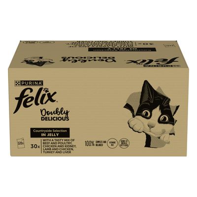 Felix Doubly Delicious Countryside Selection in Jelly, 30 packs. Mix of beef and poultry, chicken and kidney, lamb and chicken, turkey and liver. 100% complete and balanced.